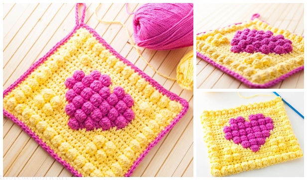 Crochet Bobble Heart Potholder Free Pattern