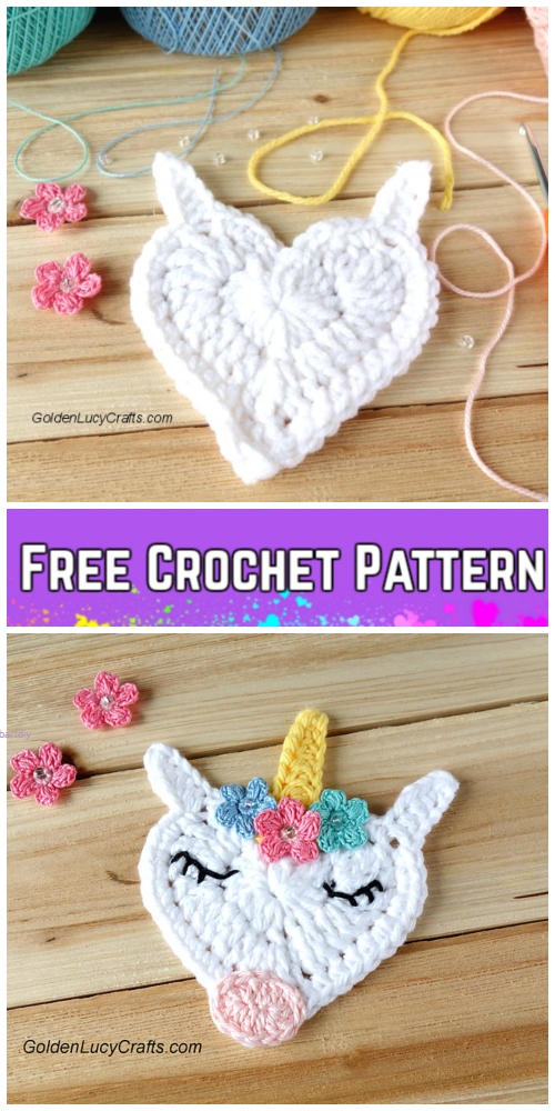 Crochet Heart Shaped Unicorn Applique Free Crochet Pattern