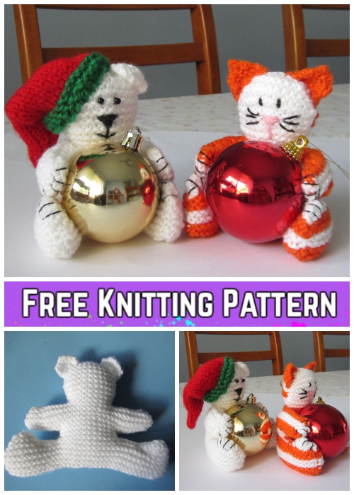 Knit Christmas Bear & Cat Bauble Ornament Free Knitting Patterns