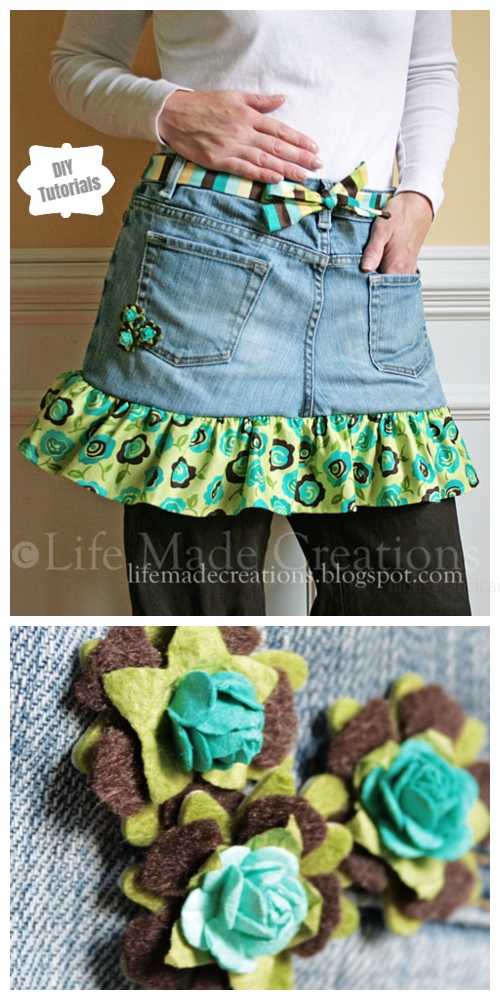 DIY Ruffled Denim Apron from Recycled Jeans Free Sewing Pattern