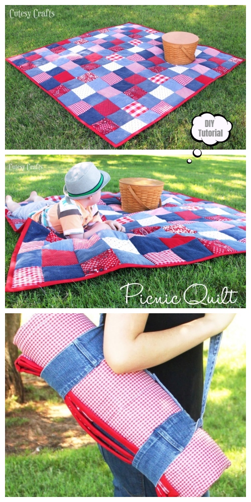 DIY Recycled Jean Picnic Quilt Free Sewing Pattern & Tutorial