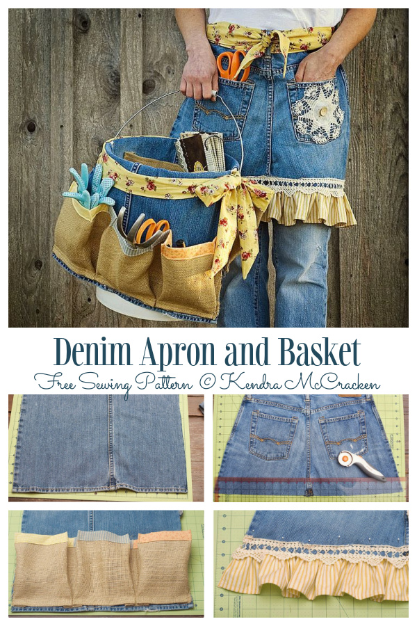 DIY Ruffled Denim Jean Apron and Basket Free Sewing Tutorials