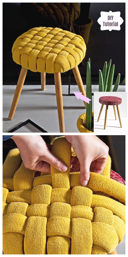 DIY Recycled Sweater Woven Pouf Stool Cover Tutorial