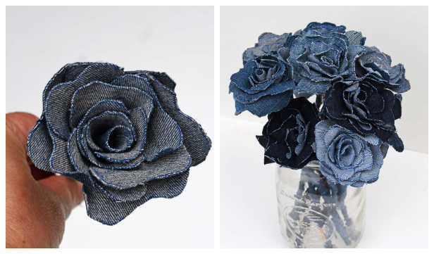 DIY Recycled Denim Jean Rose Flowers Free Sewing Pattern + Tutorial