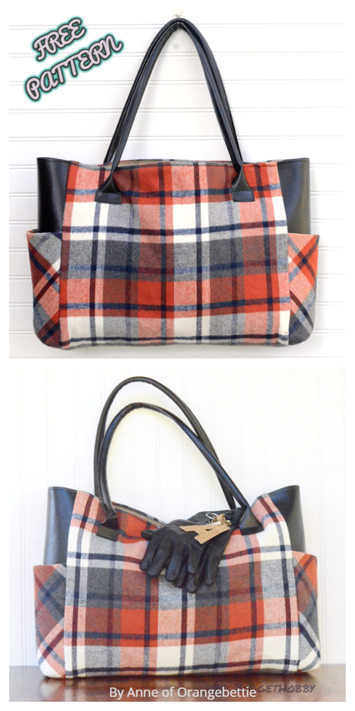 DIY Large Plaid Flannel Fall Tote Bag with Side Pocket Free Sewing Pattern
