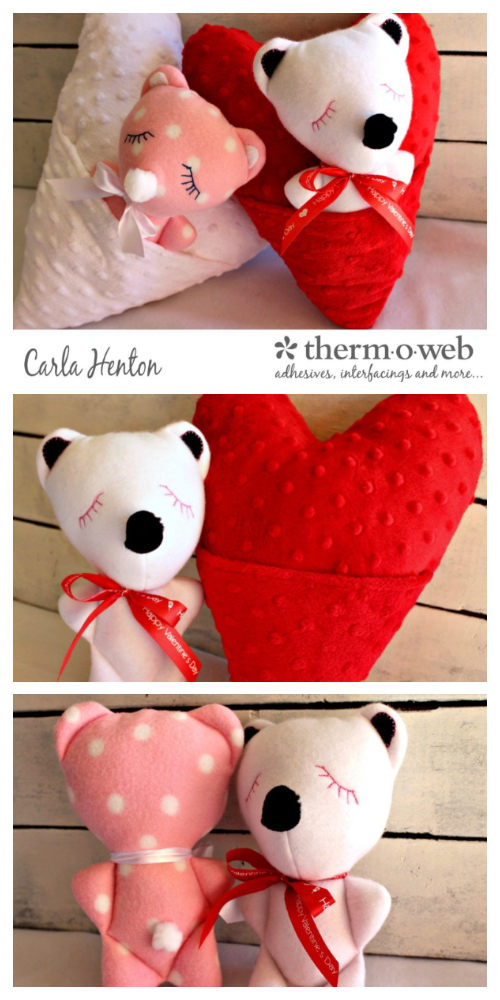 DIY Fabric Valentine Teddy Bear Heart Pocket Pillow Free Sewing Patterns