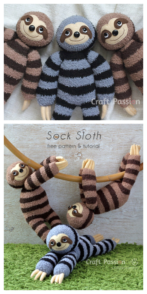 DIY Fabric Toy Sock Sloth Free Sewing Patterns and Tutorial