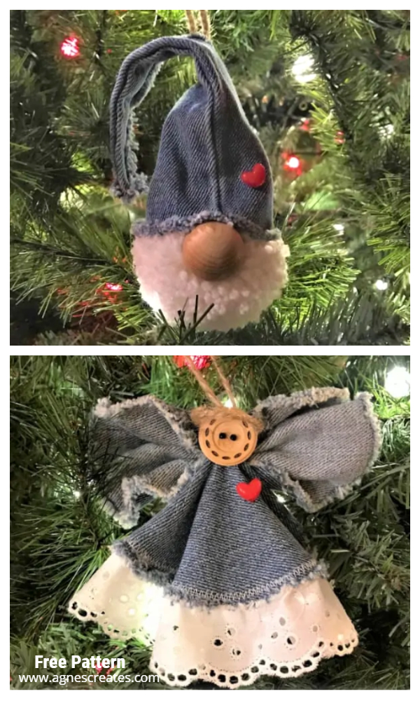 5 Upcycled Denim Jean Christmas Ornaments SIY Tutorials: Angel, Gnome etc