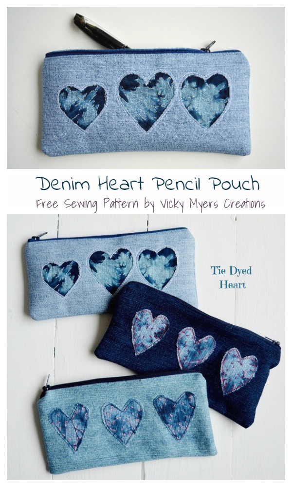 Recycled Denim Heart Pencil Pouch Free Sewing Pattern