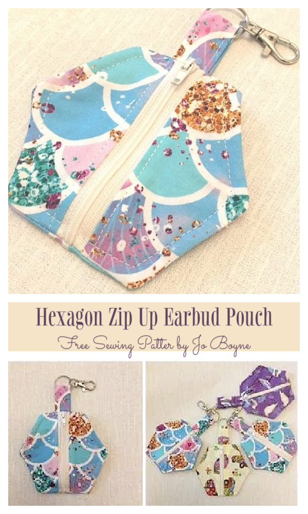 DIY Fabric Hexagon Zip Up Earbud Pouch Free Sewing Pattern 