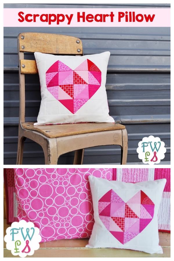 DIY Fabric Scrappy Heart Pillow Cover Free Sewing Patterns