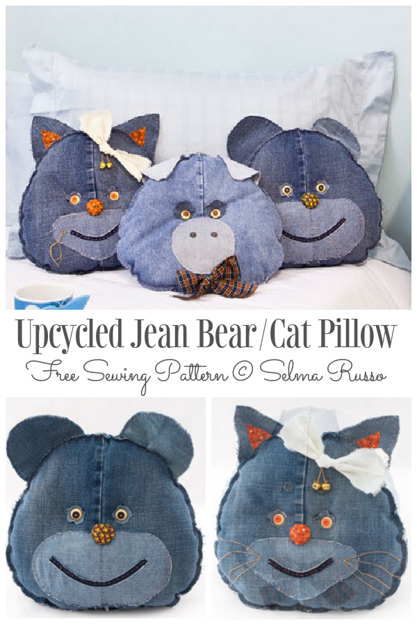 DIY Upcycled Jean BearCat Pillow Free Sewing Pattern
