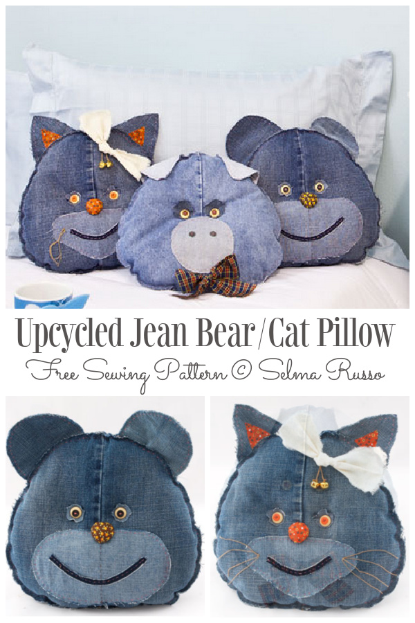 DIY Upcycled Jean Bear/Cat Pillow Free Sewing Pattern