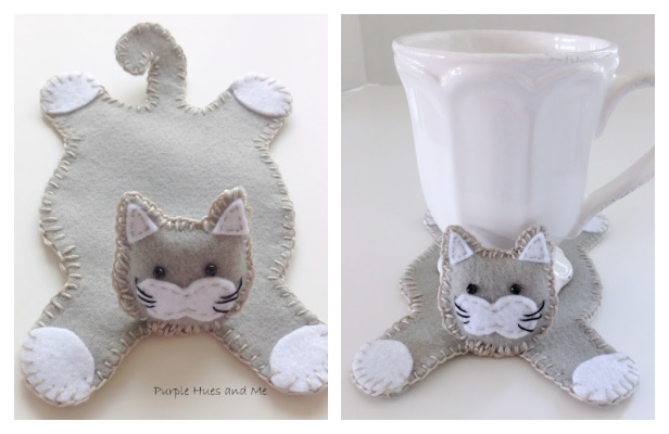 DIY Felt Cat Hug Mug Coaster Free Sewing Pattern