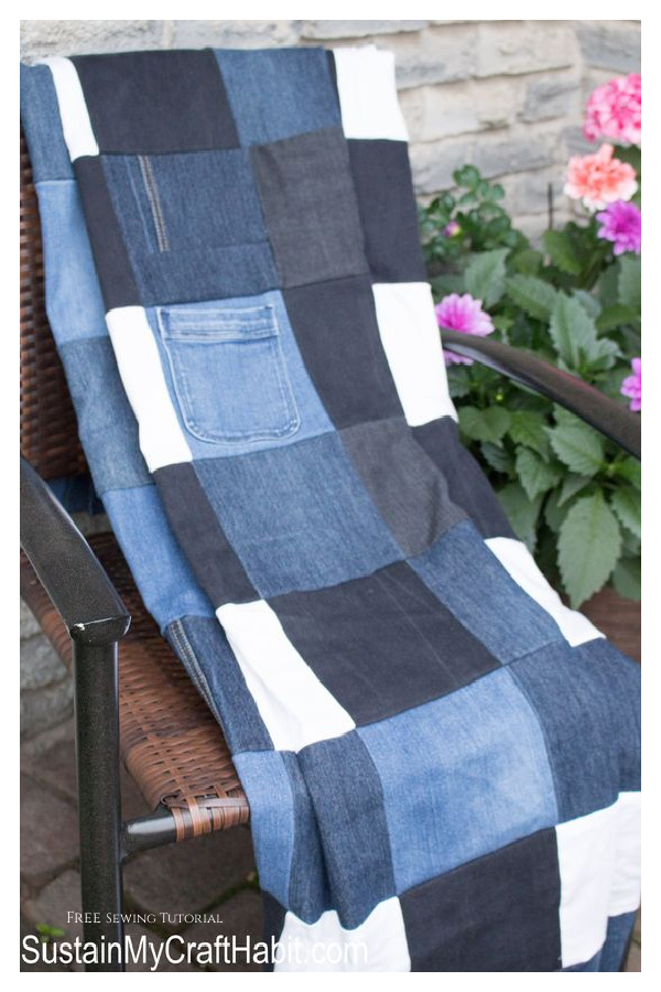 Repurposed Denim Checkered Picnic Blanket Free Sewing Tutorial
