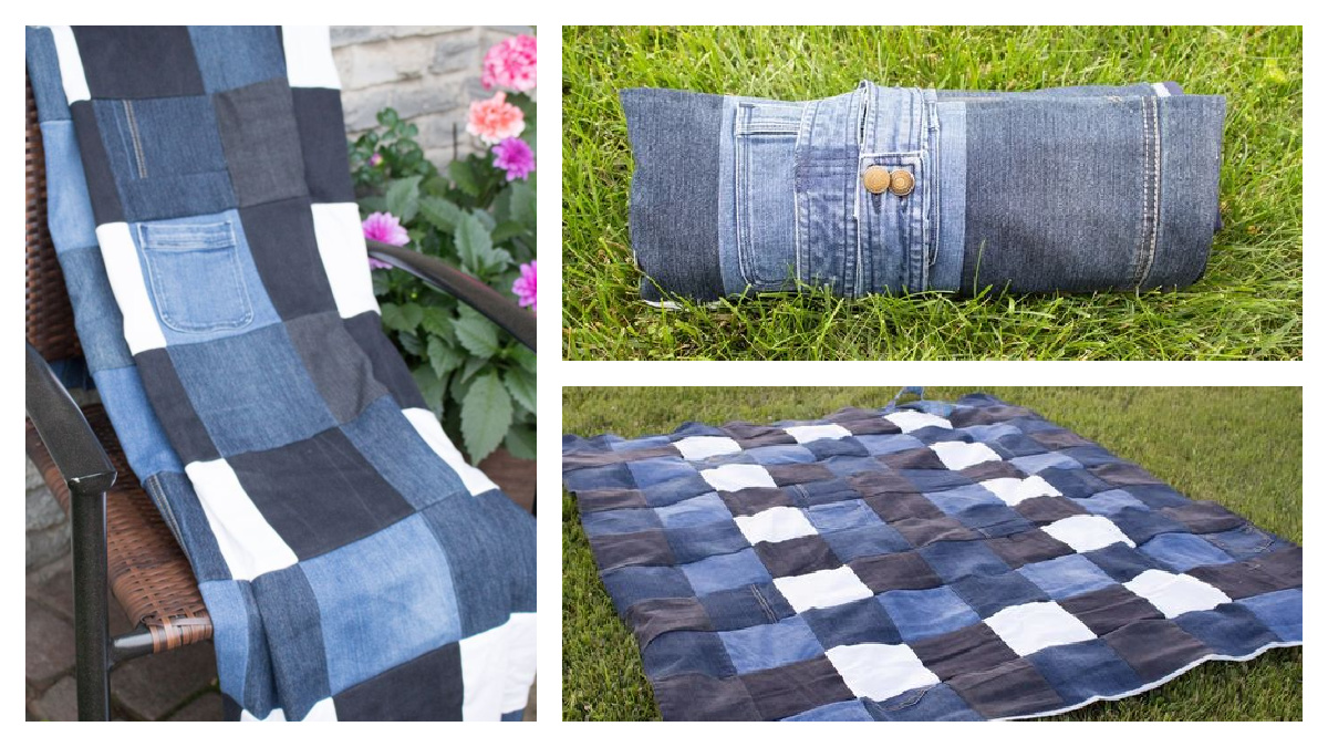 Repurposed Denim Checkered Picnic Blanket Free Sewing Tutorial