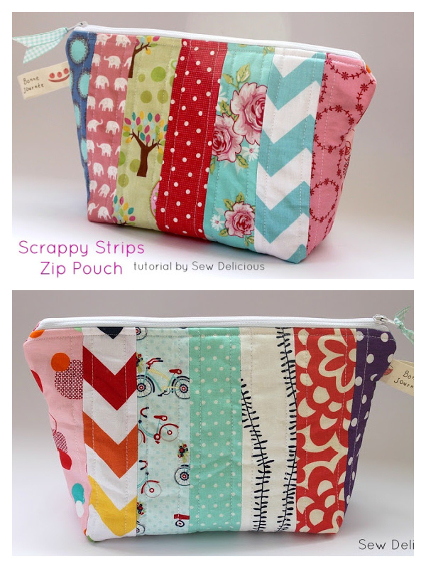 Scrappy Fabric Strip Zipper Pouch Free Sewing Tutorial