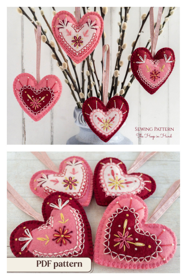 Embroidered Felt Hearts Ornament Sewing Pattern