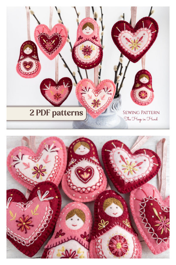 Embroidered Felt Hearts Ornament Sewing Pattern