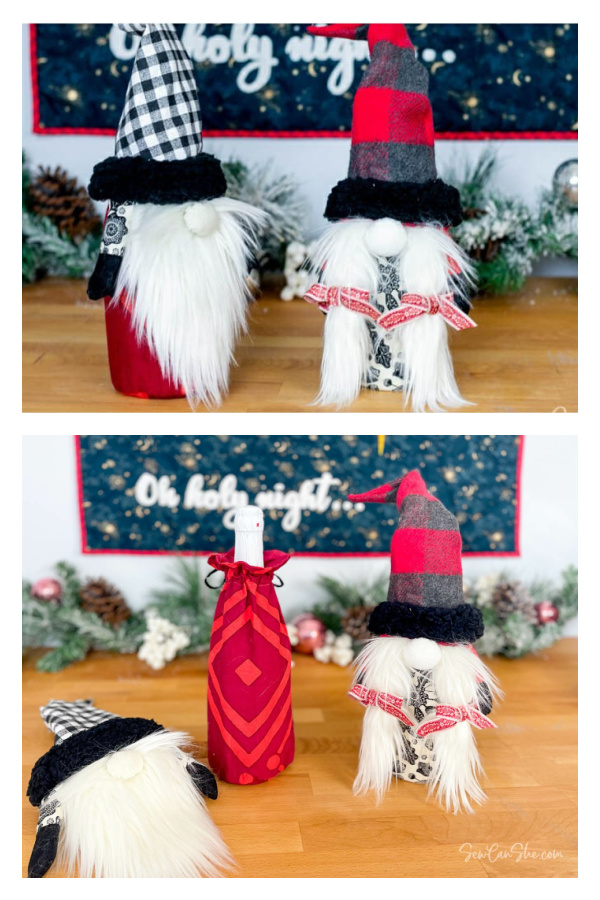 Wine Bottle Bag with a Gnome Topper Free Sewing Patterns