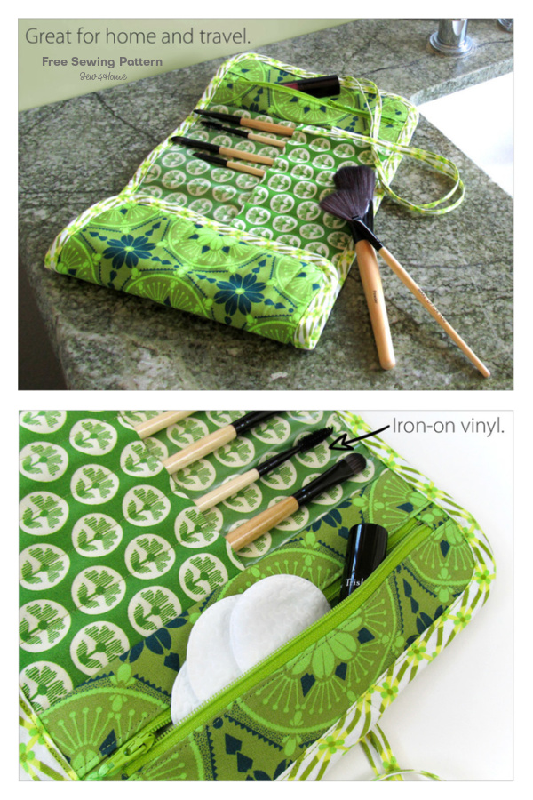 Travel Makeup Brush Roll with Zippered Pocket Free Sewing Pattern